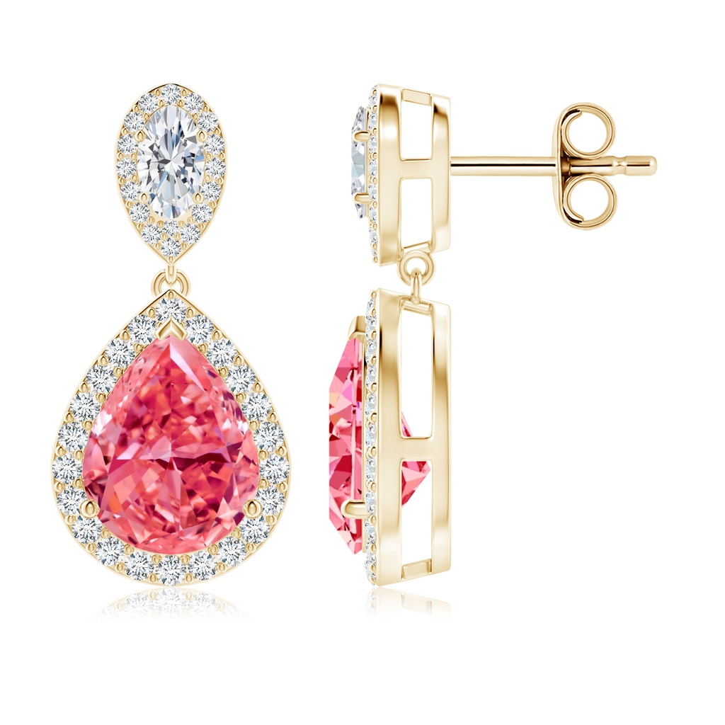 10x6.5mm AAAA Oval & Pear Fancy Intense Pink Diamond Drop Earrings with Halo in Yellow Gold