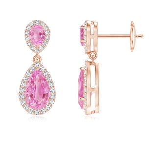 8x5mm A Oval & Pear Pink Sapphire Drop Earrings with Diamond Halo in 9K Rose Gold