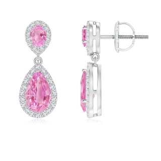 8x5mm A Oval & Pear Pink Sapphire Drop Earrings with Diamond Halo in P950 Platinum