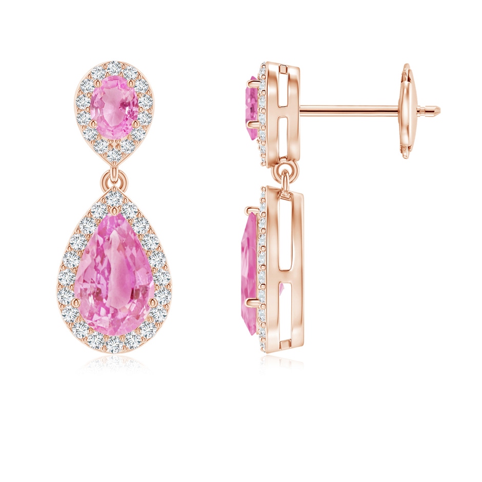 8x5mm A Oval & Pear Pink Sapphire Drop Earrings with Diamond Halo in Rose Gold 