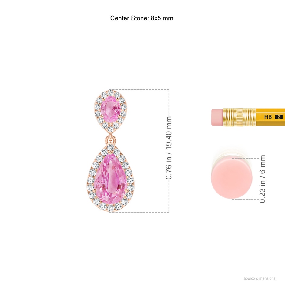 8x5mm A Oval & Pear Pink Sapphire Drop Earrings with Diamond Halo in Rose Gold ruler