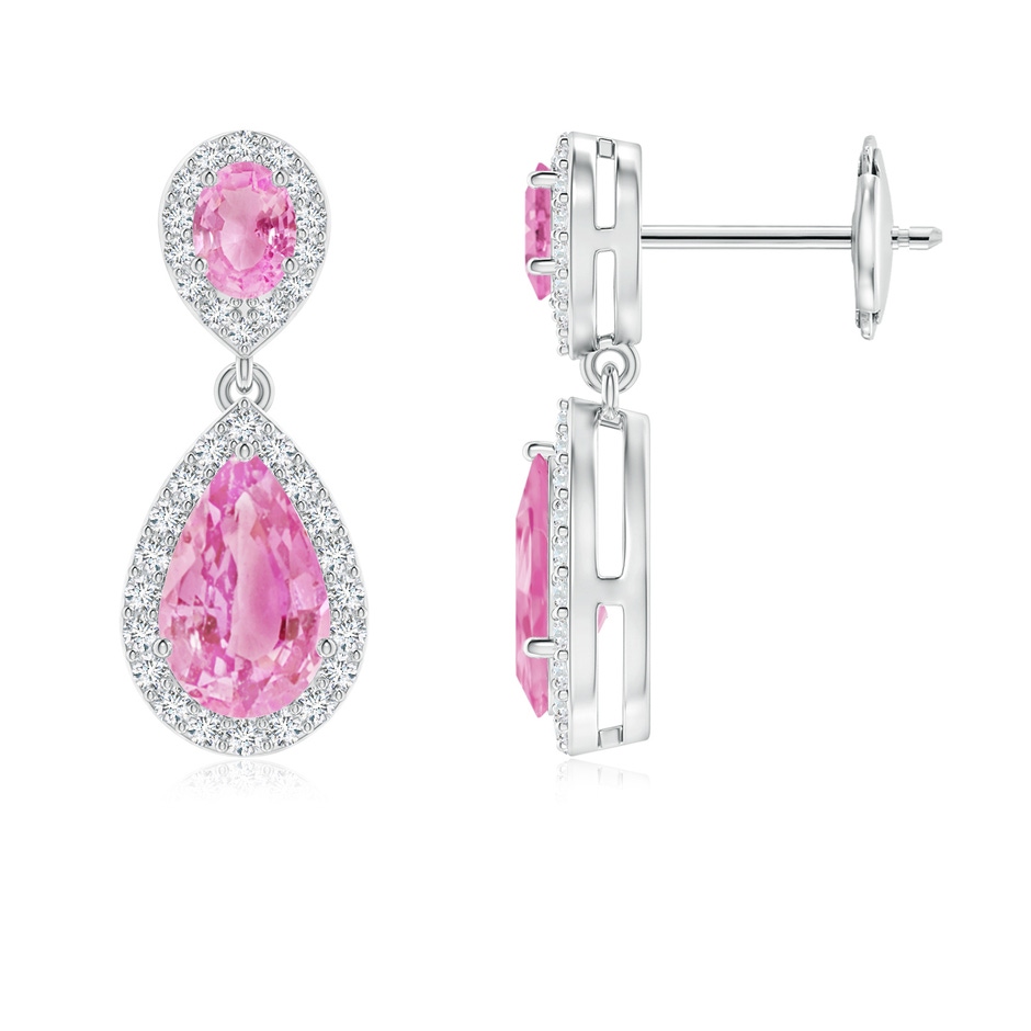 8x5mm A Oval & Pear Pink Sapphire Drop Earrings with Diamond Halo in White Gold 