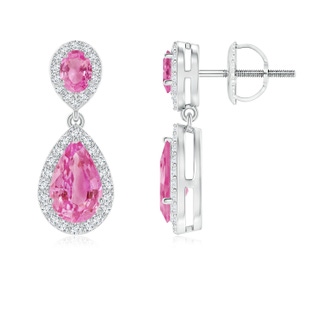 8x5mm AA Oval & Pear Pink Sapphire Drop Earrings with Diamond Halo in P950 Platinum