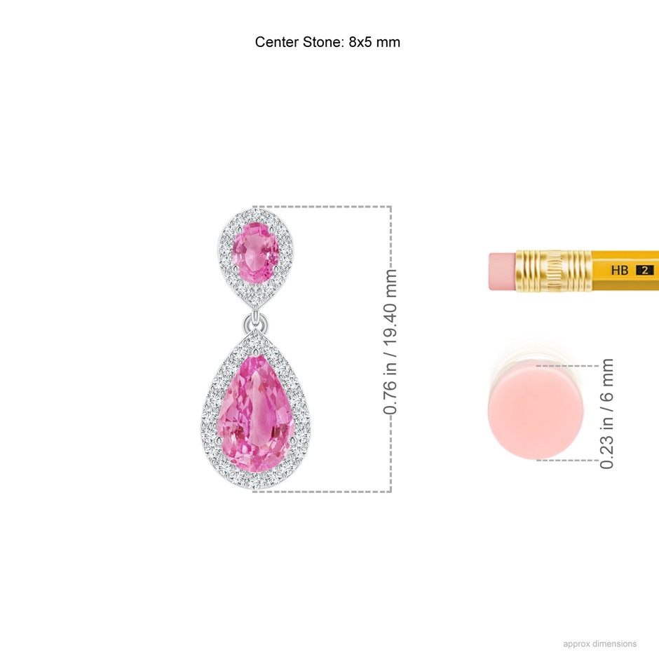 8x5mm AA Oval & Pear Pink Sapphire Drop Earrings with Diamond Halo in P950 Platinum ruler