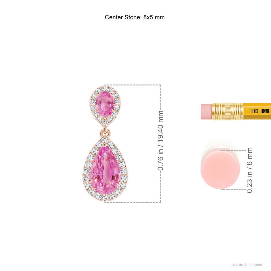 8x5mm AA Oval & Pear Pink Sapphire Drop Earrings with Diamond Halo in Rose Gold ruler