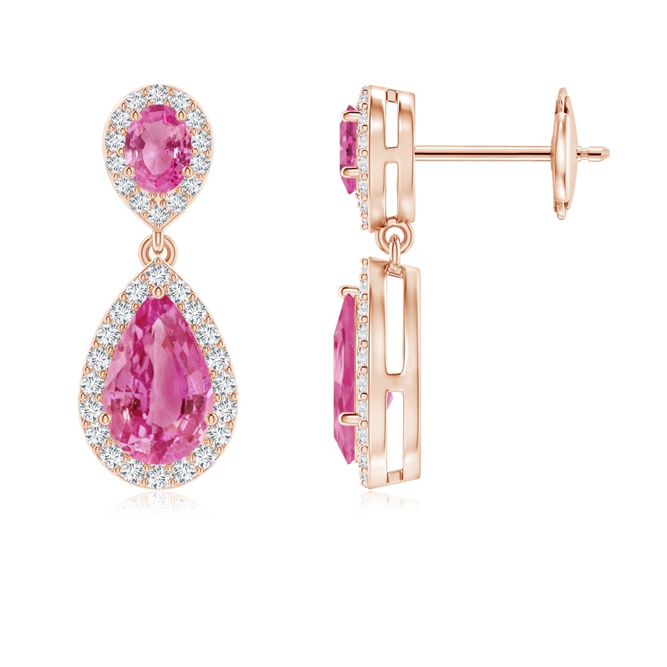 8x5mm AAA Oval & Pear Pink Sapphire Drop Earrings with Diamond Halo in Rose Gold 