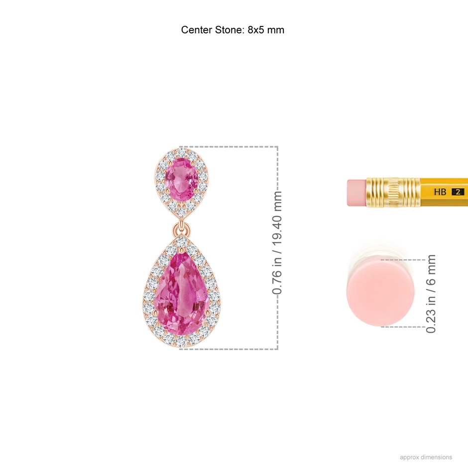 8x5mm AAA Oval & Pear Pink Sapphire Drop Earrings with Diamond Halo in Rose Gold ruler