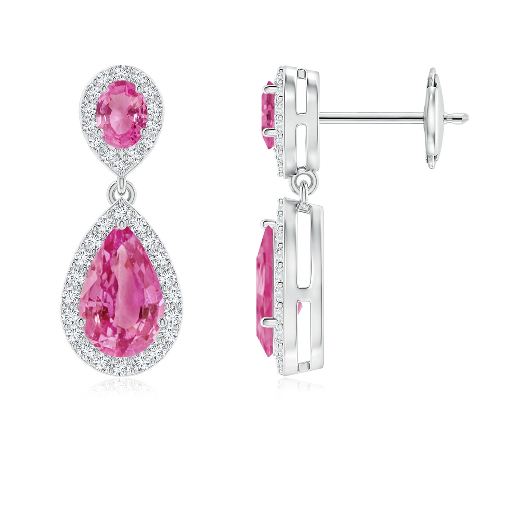 8x5mm AAA Oval & Pear Pink Sapphire Drop Earrings with Diamond Halo in White Gold