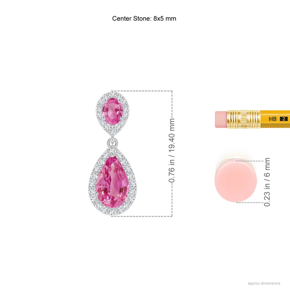 8x5mm AAA Oval & Pear Pink Sapphire Drop Earrings with Diamond Halo in White Gold ruler