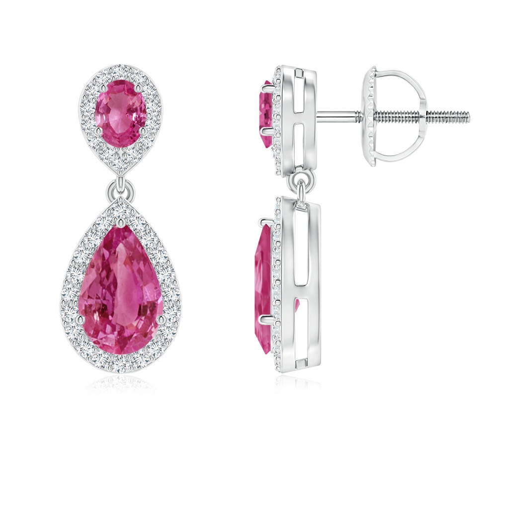 8x5mm AAAA Oval & Pear Pink Sapphire Drop Earrings with Diamond Halo in P950 Platinum