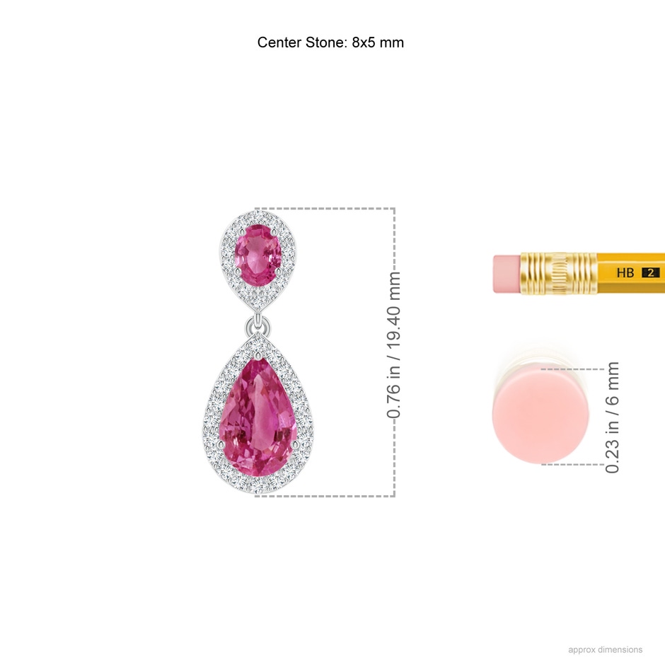 8x5mm AAAA Oval & Pear Pink Sapphire Drop Earrings with Diamond Halo in P950 Platinum ruler