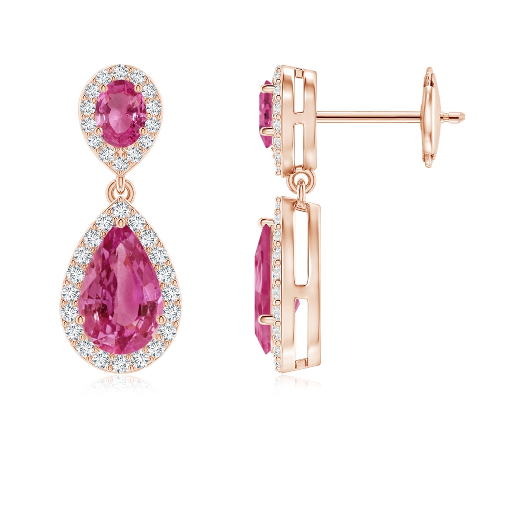 8x5mm AAAA Oval & Pear Pink Sapphire Drop Earrings with Diamond Halo in Rose Gold