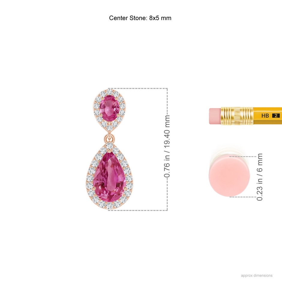 8x5mm AAAA Oval & Pear Pink Sapphire Drop Earrings with Diamond Halo in Rose Gold ruler