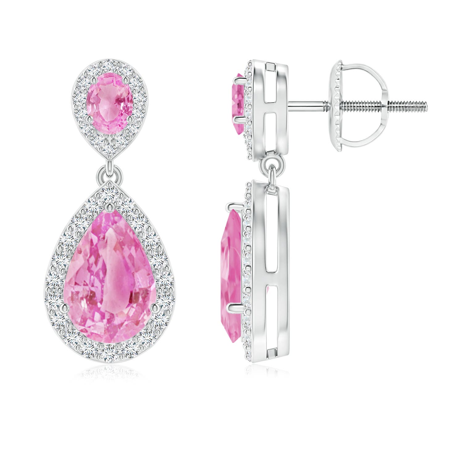 9x6mm A Oval & Pear Pink Sapphire Drop Earrings with Diamond Halo in P950 Platinum