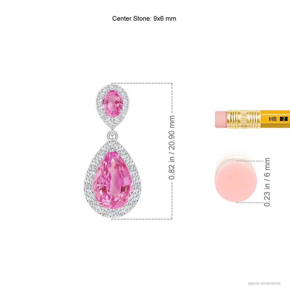 9x6mm AA Oval & Pear Pink Sapphire Drop Earrings with Diamond Halo in P950 Platinum ruler