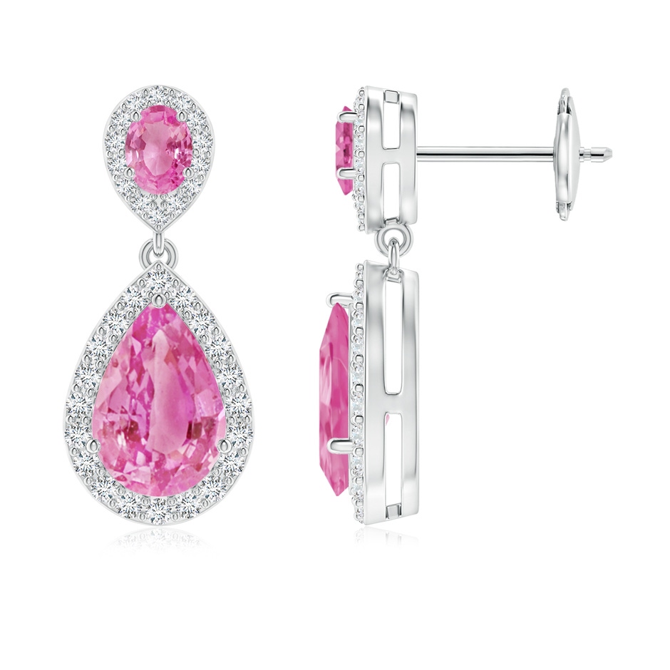 9x6mm AA Oval & Pear Pink Sapphire Drop Earrings with Diamond Halo in White Gold 