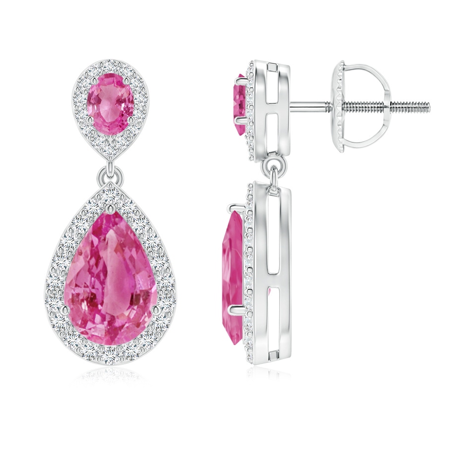 9x6mm AAA Oval & Pear Pink Sapphire Drop Earrings with Diamond Halo in P950 Platinum 