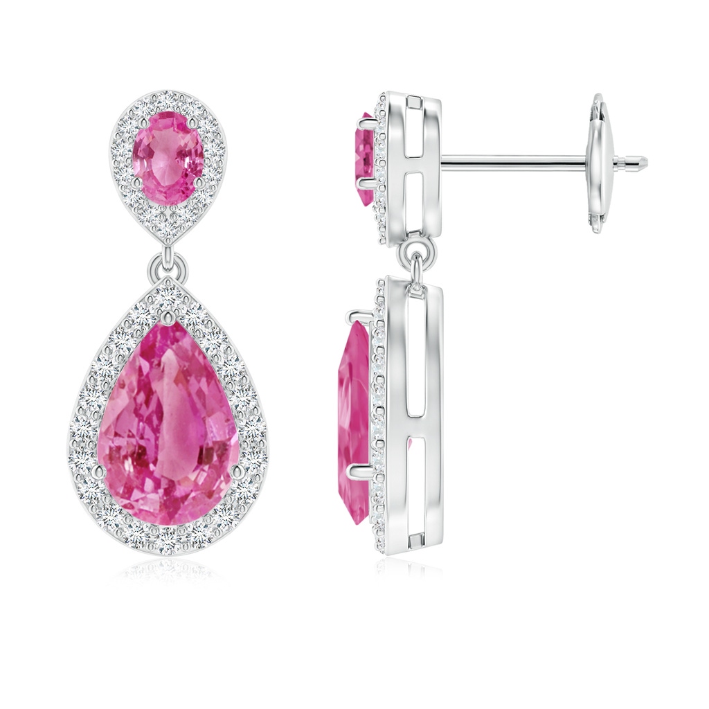 9x6mm AAA Oval & Pear Pink Sapphire Drop Earrings with Diamond Halo in White Gold 