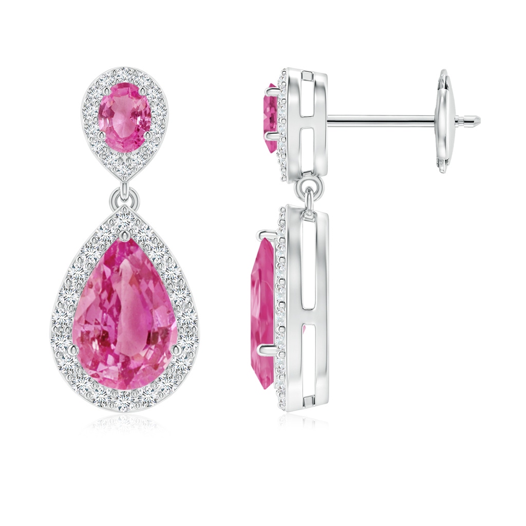 9x6mm AAA Oval & Pear Pink Sapphire Drop Earrings with Diamond Halo in White Gold