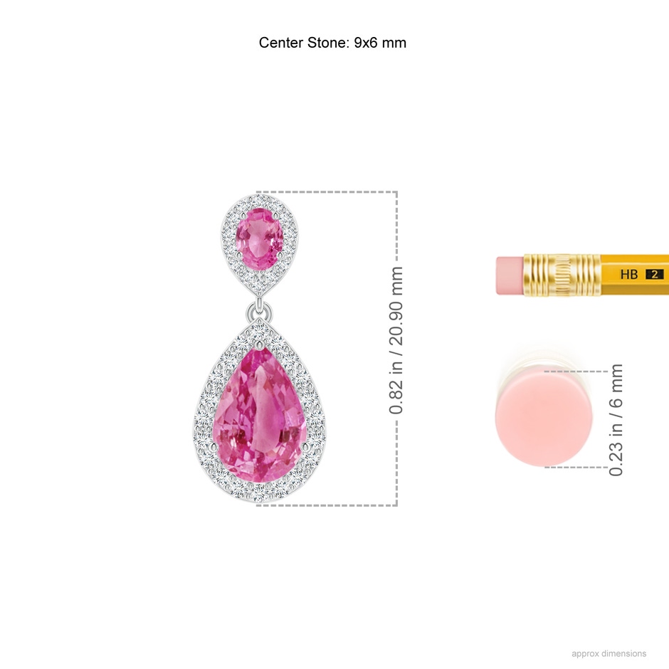 9x6mm AAA Oval & Pear Pink Sapphire Drop Earrings with Diamond Halo in White Gold ruler