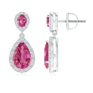 9x6mm AAAA Oval & Pear Pink Sapphire Drop Earrings with Diamond Halo in P950 Platinum