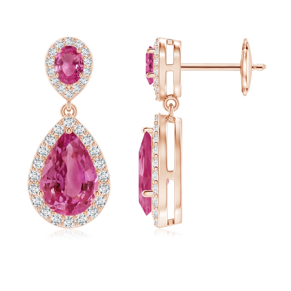9x6mm AAAA Oval & Pear Pink Sapphire Drop Earrings with Diamond Halo in Rose Gold 