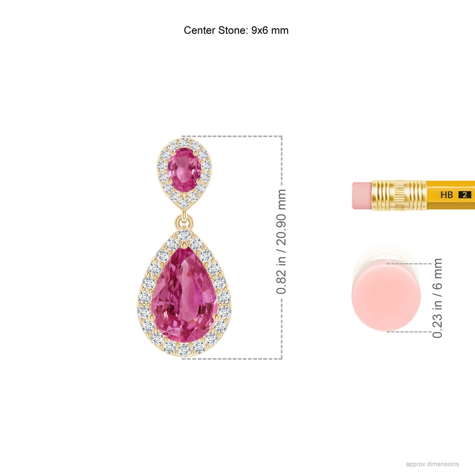 9x6mm AAAA Oval & Pear Pink Sapphire Drop Earrings with Diamond Halo in Yellow Gold ruler