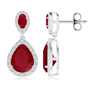 10x8mm AA Oval and Pear Ruby Halo Drop Earrings in P950 Platinum