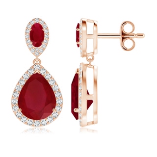 10x8mm AA Oval and Pear Ruby Halo Drop Earrings in Rose Gold