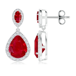 10x8mm AAA Oval and Pear Ruby Halo Drop Earrings in P950 Platinum