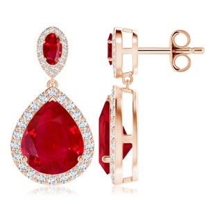 12x10mm AAA Oval and Pear Ruby Halo Drop Earrings in Rose Gold