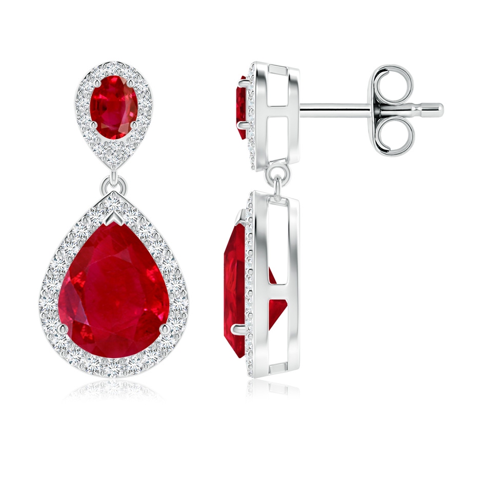 9x7mm AAA Oval and Pear Ruby Halo Drop Earrings in White Gold 