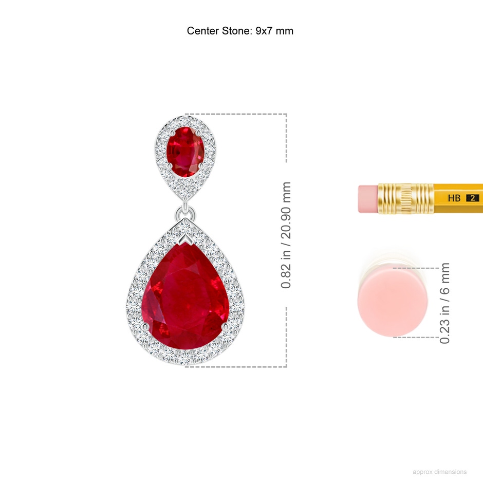 9x7mm AAA Oval and Pear Ruby Halo Drop Earrings in White Gold ruler