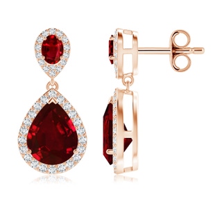 9x7mm AAAA Oval and Pear Ruby Halo Drop Earrings in Rose Gold