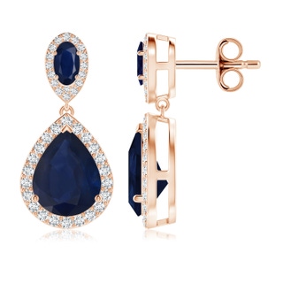 10x8mm A Oval & Pear Blue Sapphire Drop Earrings with Diamond Halo in Rose Gold