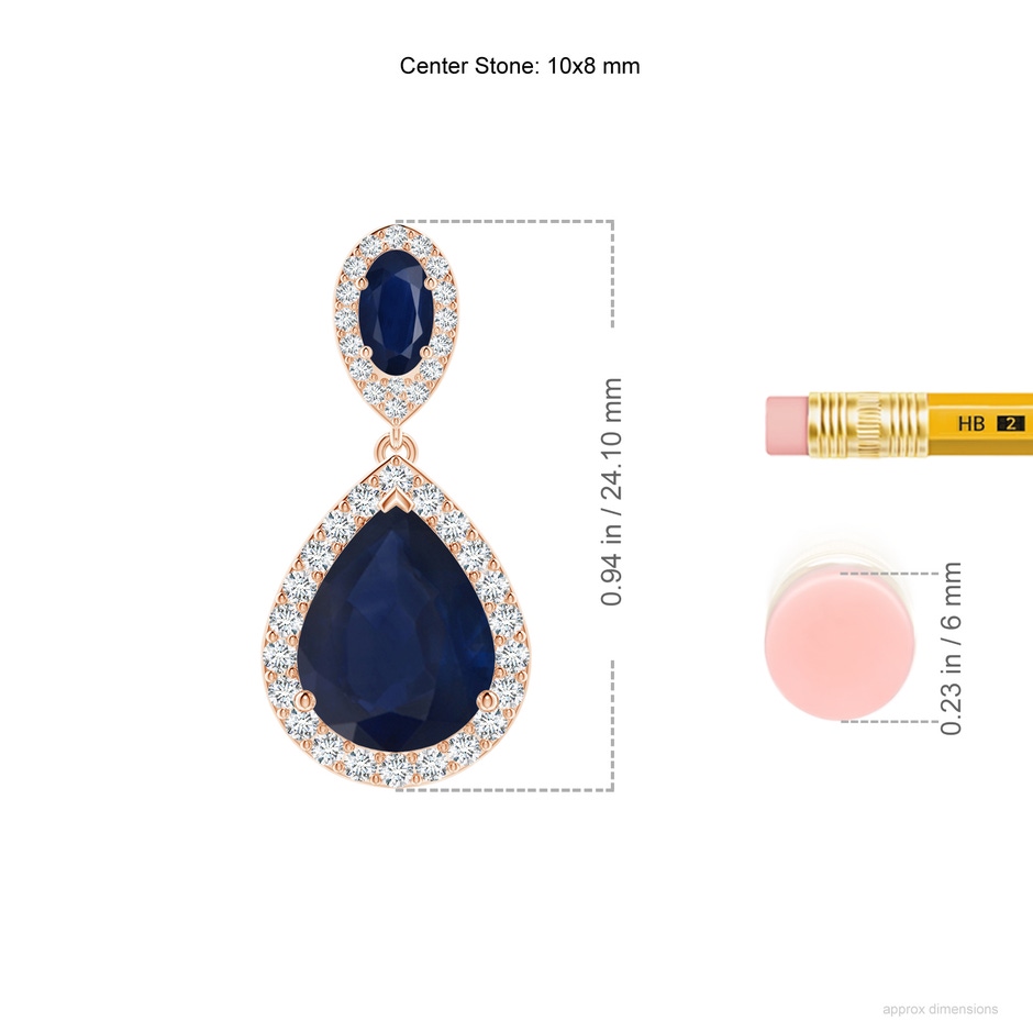 10x8mm A Oval & Pear Blue Sapphire Drop Earrings with Diamond Halo in Rose Gold ruler