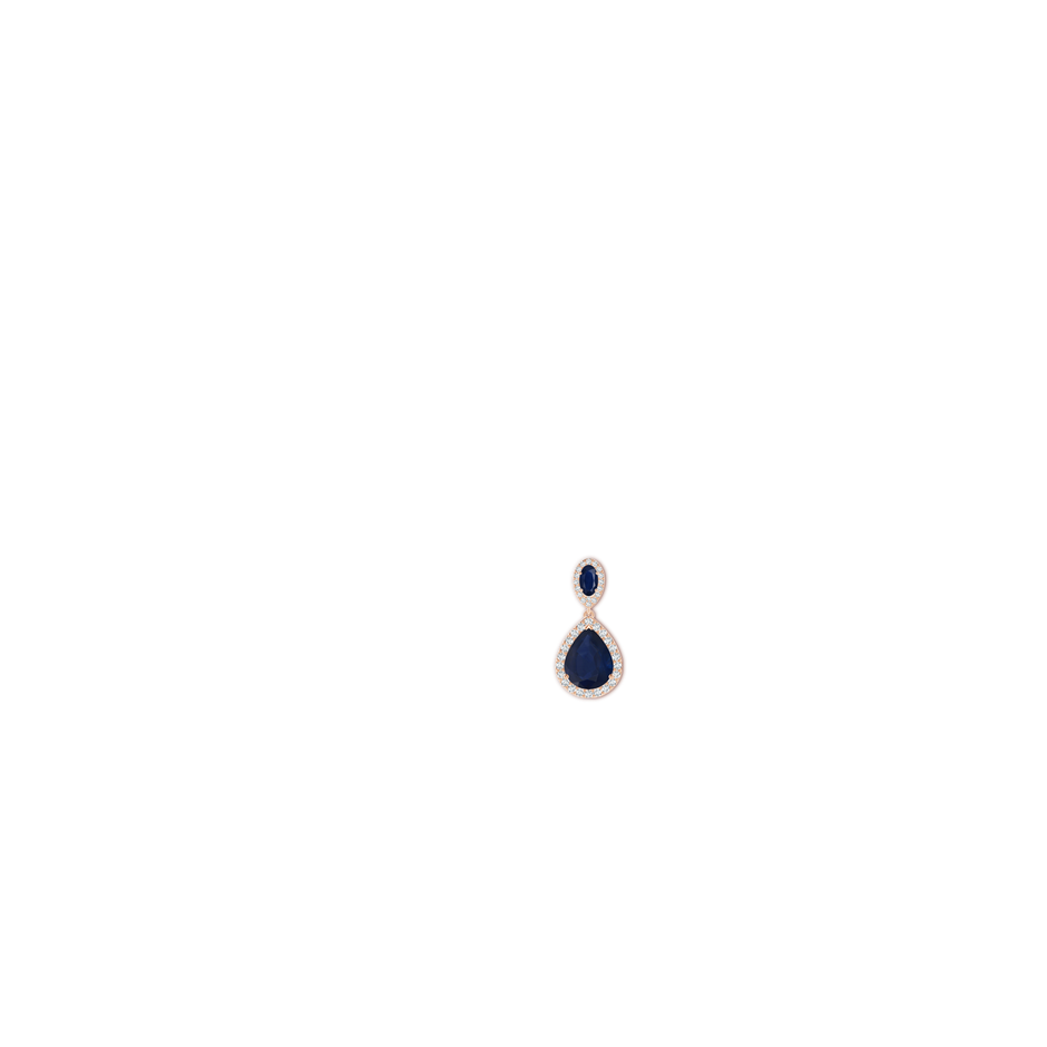 10x8mm A Oval & Pear Blue Sapphire Drop Earrings with Diamond Halo in Rose Gold ear