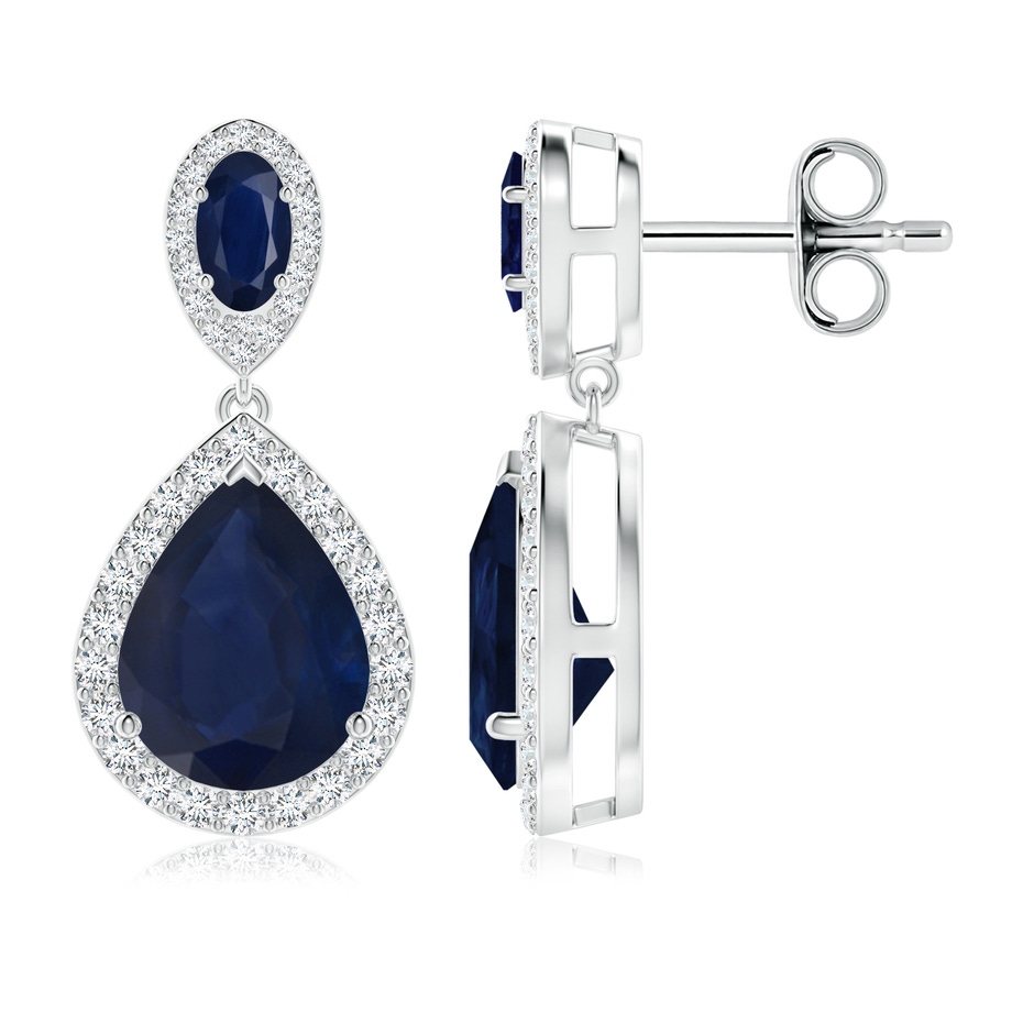 10x8mm A Oval & Pear Blue Sapphire Drop Earrings with Diamond Halo in White Gold 