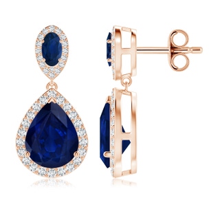 10x8mm AA Oval & Pear Blue Sapphire Drop Earrings with Diamond Halo in 18K Rose Gold