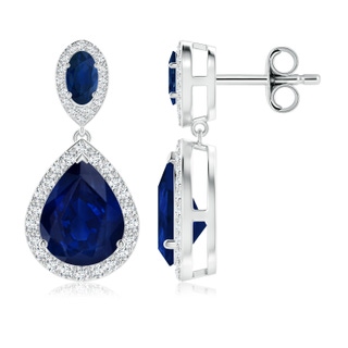 10x8mm AA Oval & Pear Blue Sapphire Drop Earrings with Diamond Halo in P950 Platinum