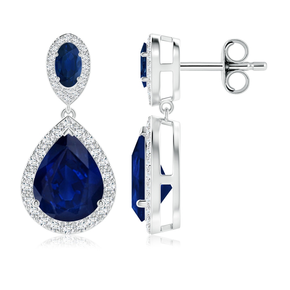 10x8mm AA Oval & Pear Blue Sapphire Drop Earrings with Diamond Halo in P950 Platinum 