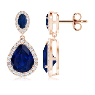 10x8mm AA Oval & Pear Blue Sapphire Drop Earrings with Diamond Halo in Rose Gold