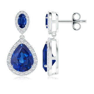 10x8mm AAA Oval & Pear Blue Sapphire Drop Earrings with Diamond Halo in P950 Platinum