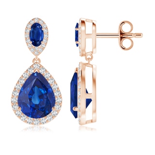 10x8mm AAA Oval & Pear Blue Sapphire Drop Earrings with Diamond Halo in Rose Gold