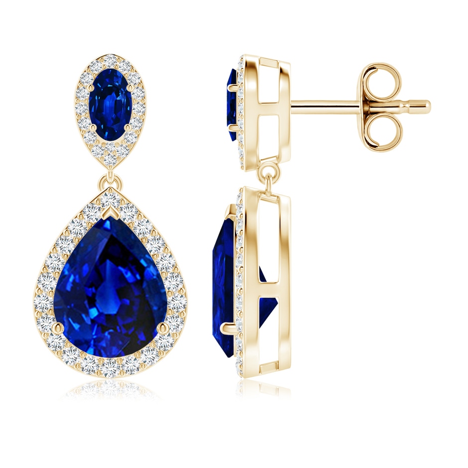 10x8mm Lab-Grown Oval & Pear Blue Sapphire Drop Earrings with Diamond Halo in 18K Yellow Gold 