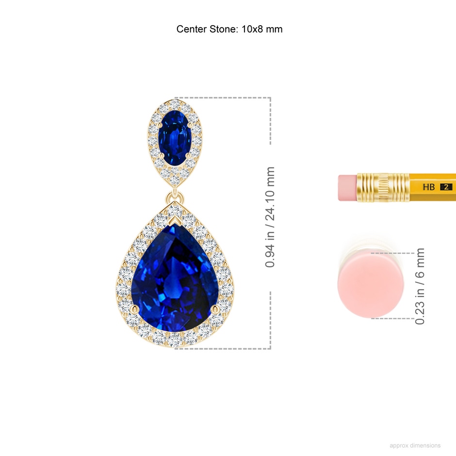 10x8mm Lab-Grown Oval & Pear Blue Sapphire Drop Earrings with Diamond Halo in 18K Yellow Gold ruler