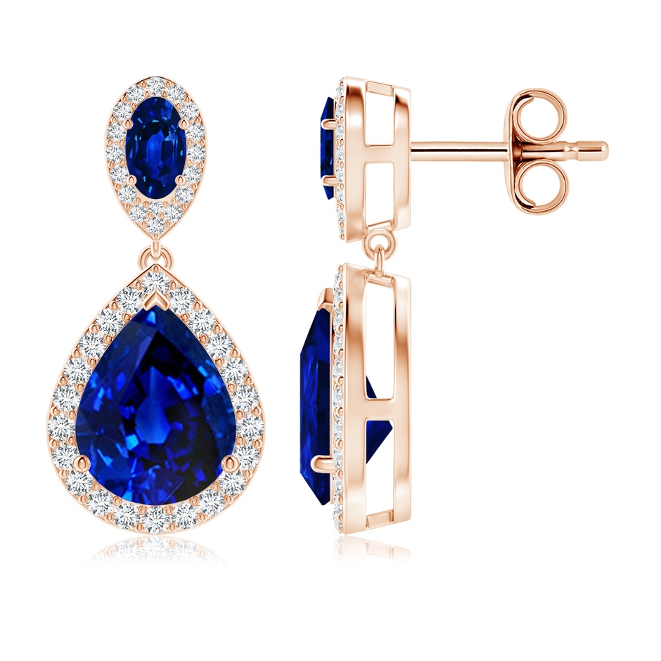 10x8mm AAAA Oval & Pear Blue Sapphire Drop Earrings with Diamond Halo in Rose Gold 
