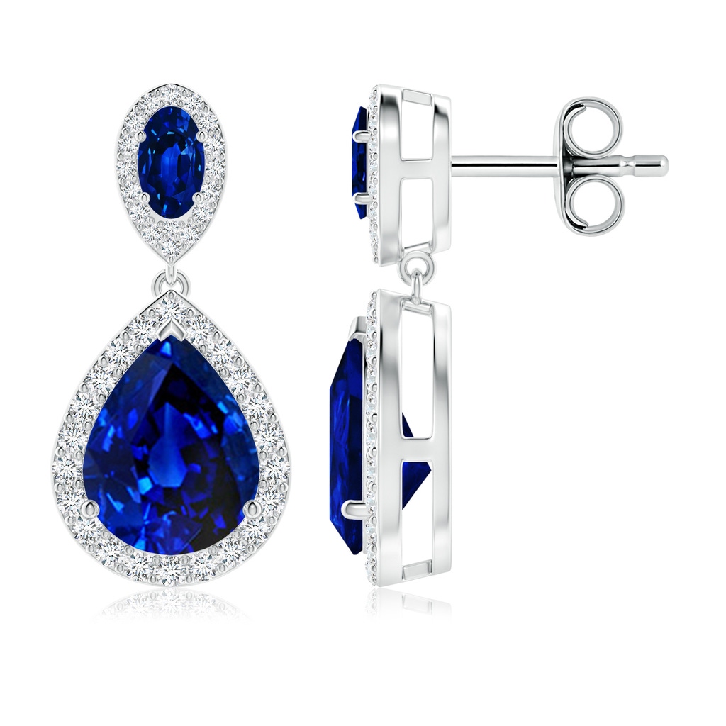 10x8mm Lab-Grown Oval & Pear Blue Sapphire Drop Earrings with Diamond Halo in White Gold