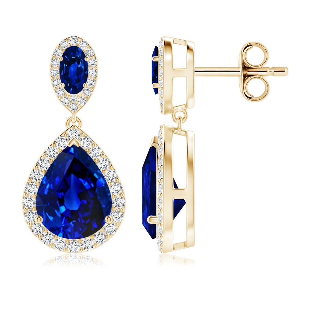 10x8mm Lab-Grown Oval & Pear Blue Sapphire Drop Earrings with Diamond Halo in Yellow Gold