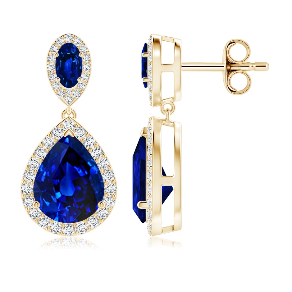 10x8mm Lab-Grown Oval & Pear Blue Sapphire Drop Earrings with Diamond Halo in Yellow Gold 